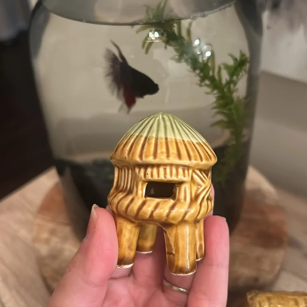 Tiki hut fish bowl tank mid century aquarium decor set